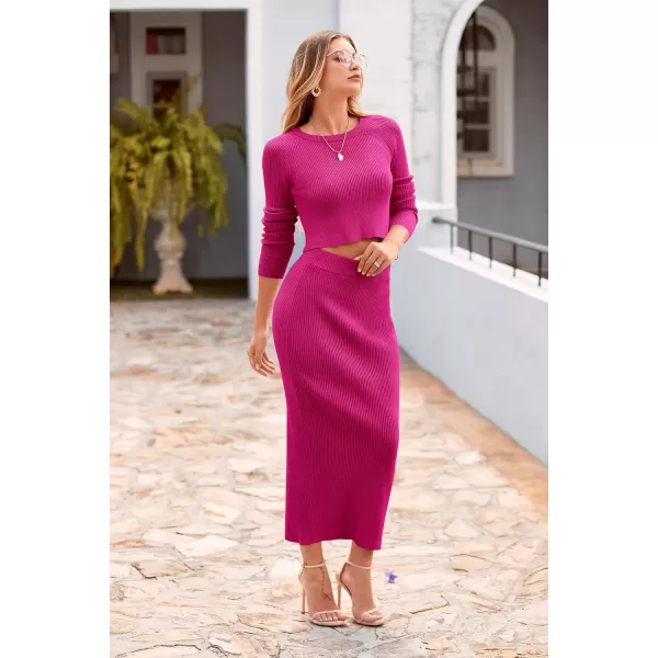 imagePRETTYGARDEN Womens Winter 2 Piece Sweater Set Rib Knit Long Sleeve Crop Top Maxi Bodycon Skirt Casual OutfitsRose Red