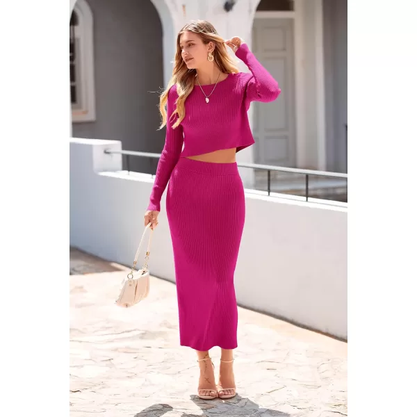 imagePRETTYGARDEN Womens Winter 2 Piece Sweater Set Rib Knit Long Sleeve Crop Top Maxi Bodycon Skirt Casual OutfitsRose Red