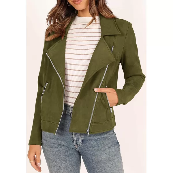 imagePRETTYGARDEN Womens Winter Moto Jacket Faux Suede Long Sleeve Zip Up Pockets Short Coat Y2K Fall Fashion Dressy OuterwearArmy Green