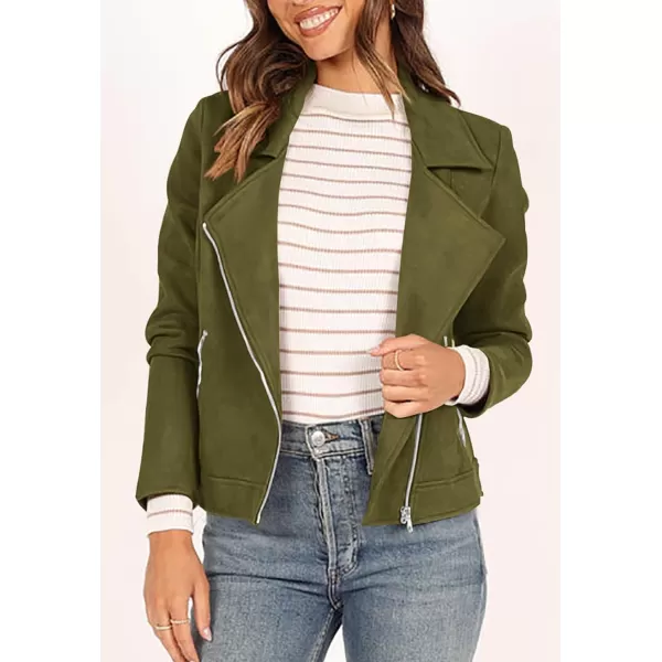 imagePRETTYGARDEN Womens Winter Moto Jacket Faux Suede Long Sleeve Zip Up Pockets Short Coat Y2K Fall Fashion Dressy OuterwearArmy Green
