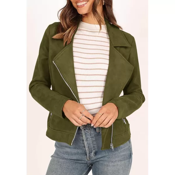 imagePRETTYGARDEN Womens Winter Moto Jacket Faux Suede Long Sleeve Zip Up Pockets Short Coat Y2K Fall Fashion Dressy OuterwearArmy Green