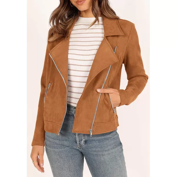 imagePRETTYGARDEN Womens Winter Moto Jacket Faux Suede Long Sleeve Zip Up Pockets Short Coat Y2K Fall Fashion Dressy OuterwearBrown