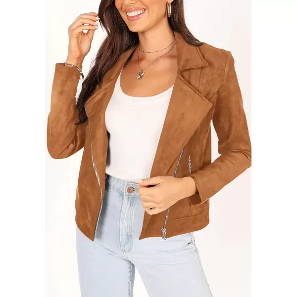 imagePRETTYGARDEN Womens Winter Moto Jacket Faux Suede Long Sleeve Zip Up Pockets Short Coat Y2K Fall Fashion Dressy OuterwearBrown