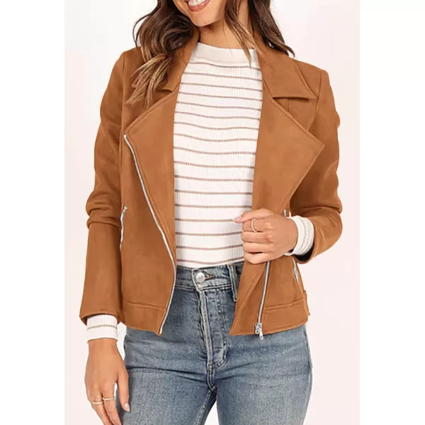 imagePRETTYGARDEN Womens Winter Moto Jacket Faux Suede Long Sleeve Zip Up Pockets Short Coat Y2K Fall Fashion Dressy OuterwearBrown
