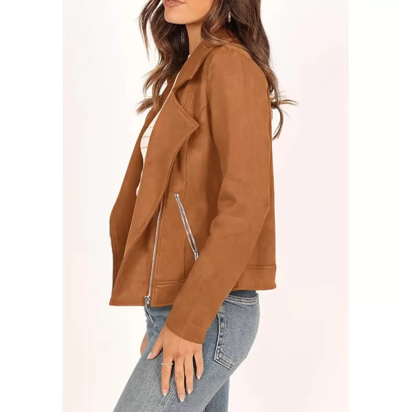 imagePRETTYGARDEN Womens Winter Moto Jacket Faux Suede Long Sleeve Zip Up Pockets Short Coat Y2K Fall Fashion Dressy OuterwearBrown