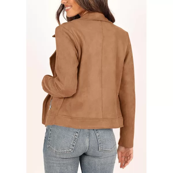 imagePRETTYGARDEN Womens Winter Moto Jacket Faux Suede Long Sleeve Zip Up Pockets Short Coat Y2K Fall Fashion Dressy OuterwearCamel