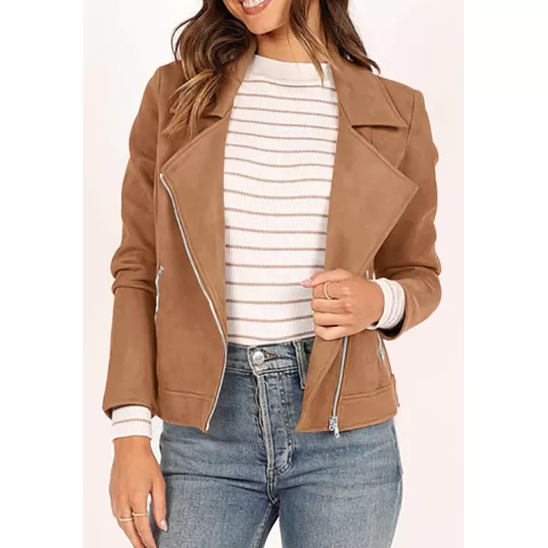 imagePRETTYGARDEN Womens Winter Moto Jacket Faux Suede Long Sleeve Zip Up Pockets Short Coat Y2K Fall Fashion Dressy OuterwearCamel
