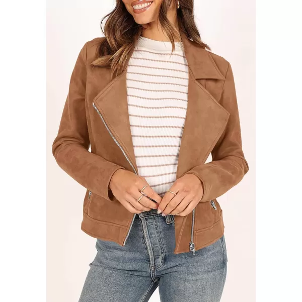imagePRETTYGARDEN Womens Winter Moto Jacket Faux Suede Long Sleeve Zip Up Pockets Short Coat Y2K Fall Fashion Dressy OuterwearCamel
