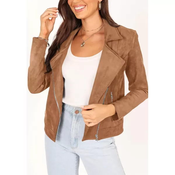 imagePRETTYGARDEN Womens Winter Moto Jacket Faux Suede Long Sleeve Zip Up Pockets Short Coat Y2K Fall Fashion Dressy OuterwearCamel