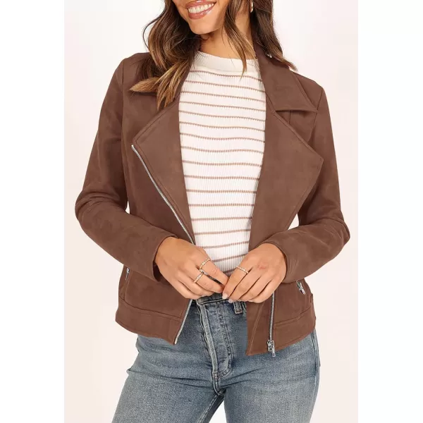 imagePRETTYGARDEN Womens Winter Moto Jacket Faux Suede Long Sleeve Zip Up Pockets Short Coat Y2K Fall Fashion Dressy OuterwearCoffee
