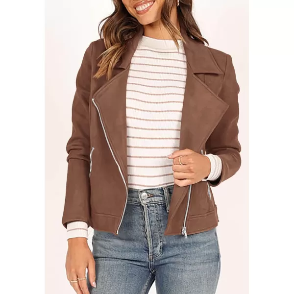 imagePRETTYGARDEN Womens Winter Moto Jacket Faux Suede Long Sleeve Zip Up Pockets Short Coat Y2K Fall Fashion Dressy OuterwearCoffee