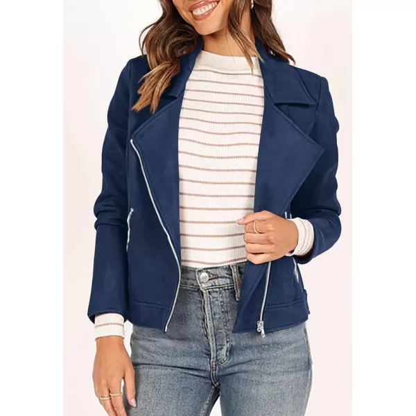 imagePRETTYGARDEN Womens Winter Moto Jacket Faux Suede Long Sleeve Zip Up Pockets Short Coat Y2K Fall Fashion Dressy OuterwearNavy