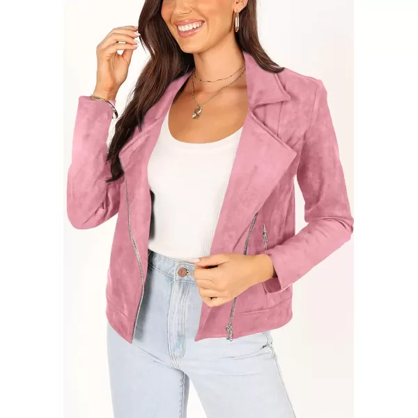 imagePRETTYGARDEN Womens Winter Moto Jacket Faux Suede Long Sleeve Zip Up Pockets Short Coat Y2K Fall Fashion Dressy OuterwearPink