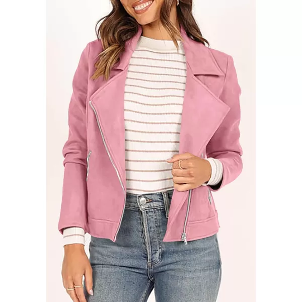 imagePRETTYGARDEN Womens Winter Moto Jacket Faux Suede Long Sleeve Zip Up Pockets Short Coat Y2K Fall Fashion Dressy OuterwearPink