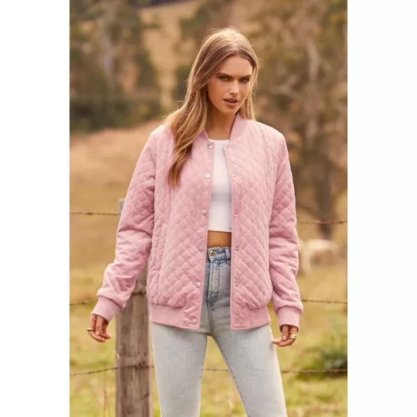 imagePRETTYGARDEN Womens Winter Quilted Bomber Jacket Long Sleeve Button Down Outerwear Trendy Casual Coats With PocketsPink
