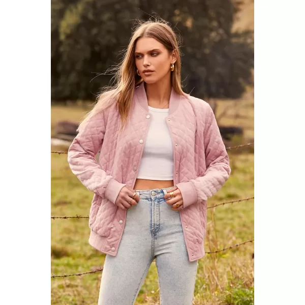 imagePRETTYGARDEN Womens Winter Quilted Bomber Jacket Long Sleeve Button Down Outerwear Trendy Casual Coats With PocketsPink