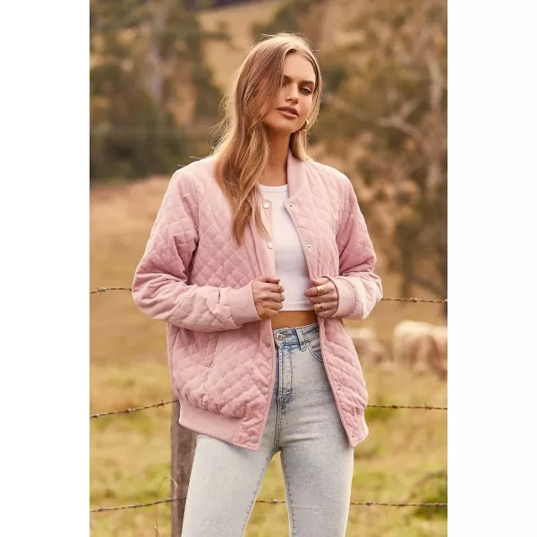 imagePRETTYGARDEN Womens Winter Quilted Bomber Jacket Long Sleeve Button Down Outerwear Trendy Casual Coats With PocketsPink