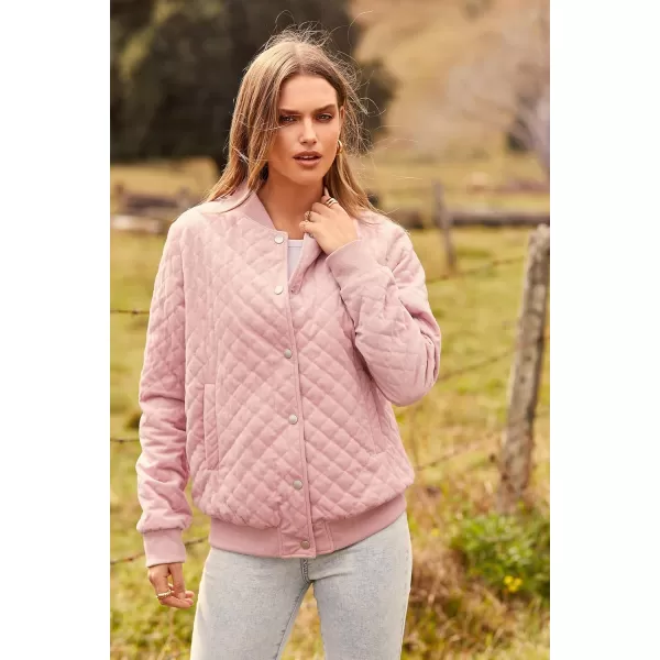 imagePRETTYGARDEN Womens Winter Quilted Bomber Jacket Long Sleeve Button Down Outerwear Trendy Casual Coats With PocketsPink