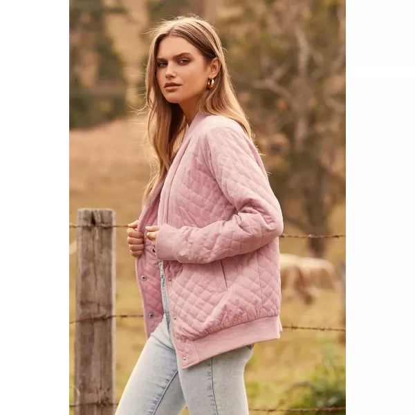imagePRETTYGARDEN Womens Winter Quilted Bomber Jacket Long Sleeve Button Down Outerwear Trendy Casual Coats With PocketsPink