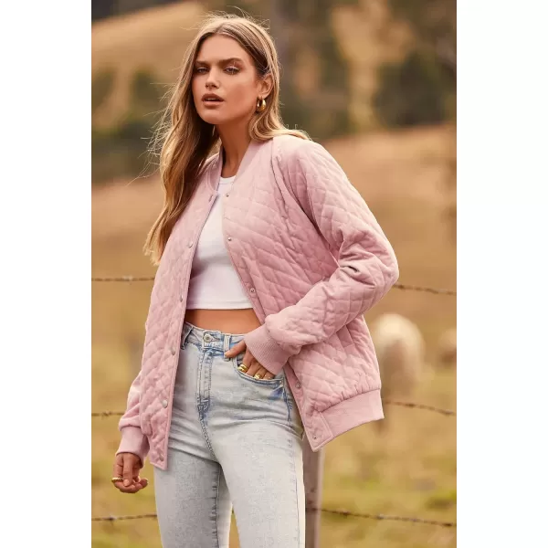 imagePRETTYGARDEN Womens Winter Quilted Bomber Jacket Long Sleeve Button Down Outerwear Trendy Casual Coats With PocketsPink