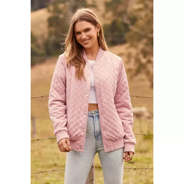 imagePRETTYGARDEN Womens Winter Quilted Bomber Jacket Long Sleeve Button Down Outerwear Trendy Casual Coats With PocketsPink