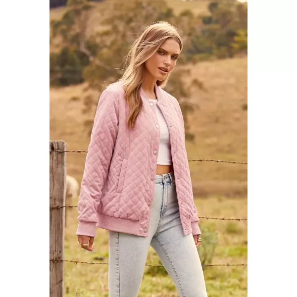 imagePRETTYGARDEN Womens Winter Quilted Bomber Jacket Long Sleeve Button Down Outerwear Trendy Casual Coats With PocketsPink