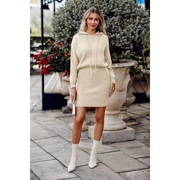 imagePRETTYGARDEN Womens Winter Rib Knit Pullover Sweater 2023 Fashion Fall Dresses Long Sleeve Hooded Bodycon DressApricot