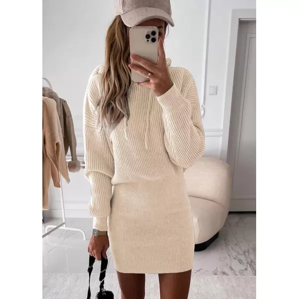imagePRETTYGARDEN Womens Winter Rib Knit Pullover Sweater 2023 Fashion Fall Dresses Long Sleeve Hooded Bodycon DressApricot