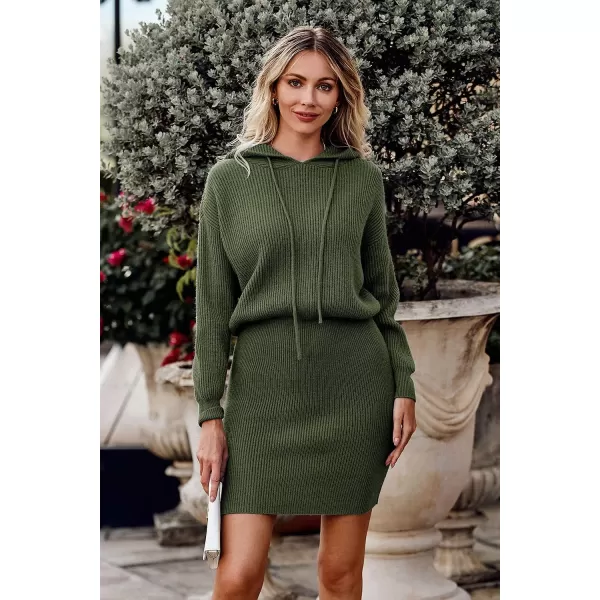 imagePRETTYGARDEN Womens Winter Rib Knit Pullover Sweater 2023 Fashion Fall Dresses Long Sleeve Hooded Bodycon DressArmy Green