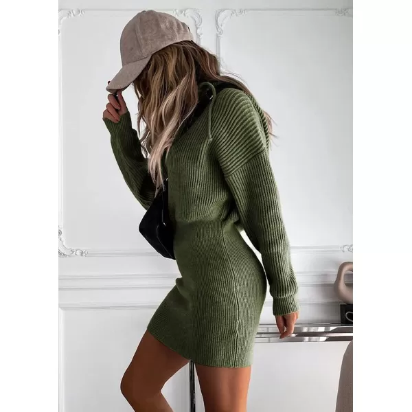 imagePRETTYGARDEN Womens Winter Rib Knit Pullover Sweater 2023 Fashion Fall Dresses Long Sleeve Hooded Bodycon DressArmy Green