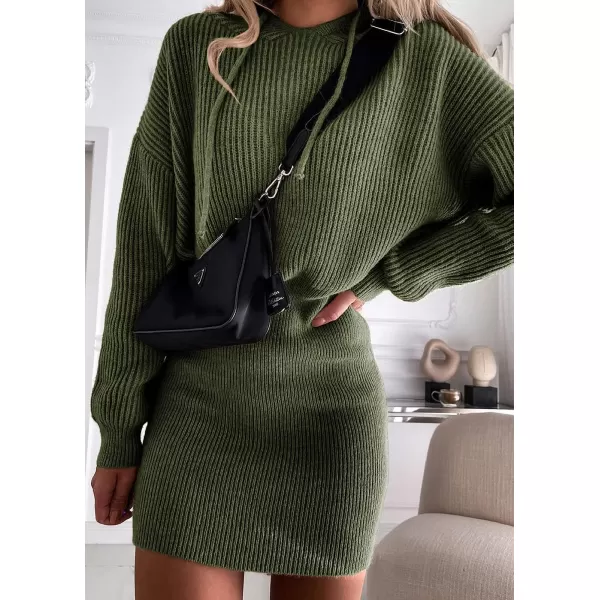 imagePRETTYGARDEN Womens Winter Rib Knit Pullover Sweater 2023 Fashion Fall Dresses Long Sleeve Hooded Bodycon DressArmy Green