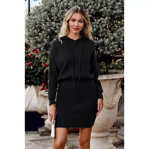 imagePRETTYGARDEN Womens Winter Rib Knit Pullover Sweater 2023 Fashion Fall Dresses Long Sleeve Hooded Bodycon DressBlack