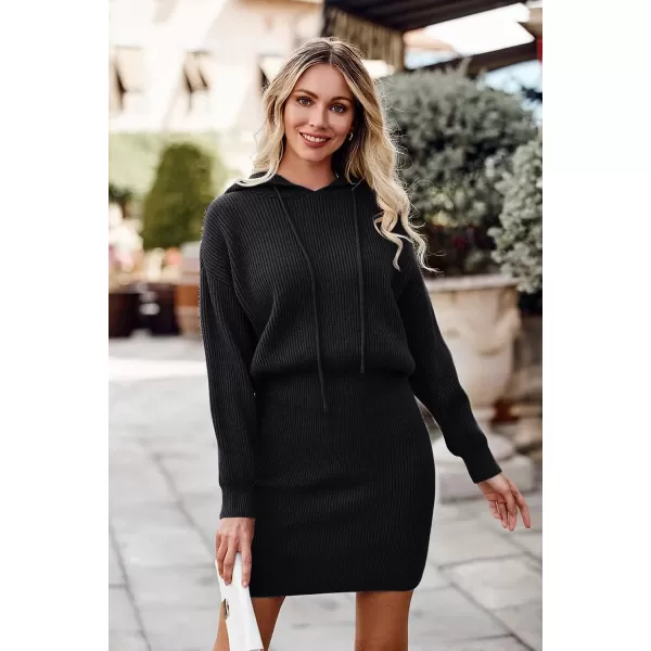 imagePRETTYGARDEN Womens Winter Rib Knit Pullover Sweater 2023 Fashion Fall Dresses Long Sleeve Hooded Bodycon DressBlack