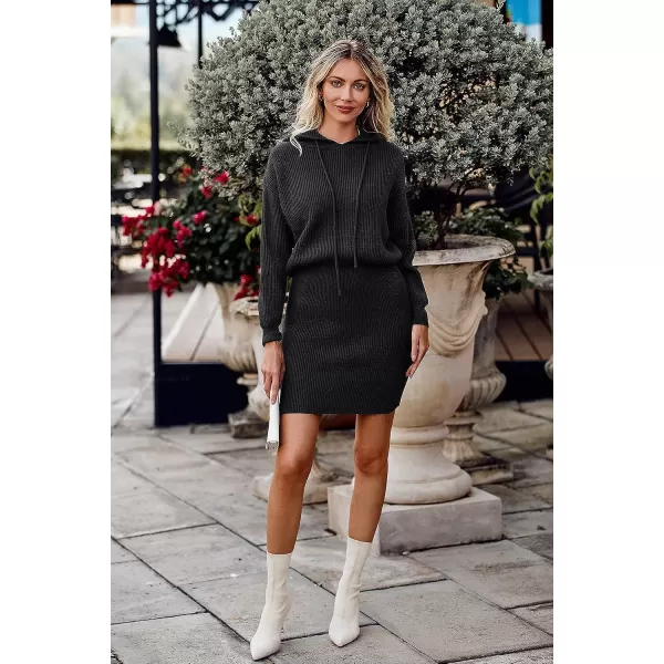 imagePRETTYGARDEN Womens Winter Rib Knit Pullover Sweater 2023 Fashion Fall Dresses Long Sleeve Hooded Bodycon DressBlack