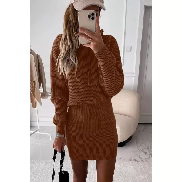 imagePRETTYGARDEN Womens Winter Rib Knit Pullover Sweater 2023 Fashion Fall Dresses Long Sleeve Hooded Bodycon DressBrown Red