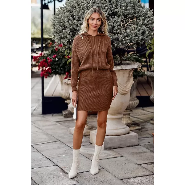 imagePRETTYGARDEN Womens Winter Rib Knit Pullover Sweater 2023 Fashion Fall Dresses Long Sleeve Hooded Bodycon DressBrown Red