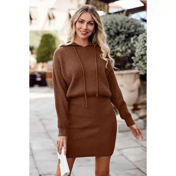 imagePRETTYGARDEN Womens Winter Rib Knit Pullover Sweater 2023 Fashion Fall Dresses Long Sleeve Hooded Bodycon DressBrown Red