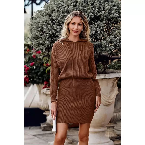 imagePRETTYGARDEN Womens Winter Rib Knit Pullover Sweater 2023 Fashion Fall Dresses Long Sleeve Hooded Bodycon DressBrown Red