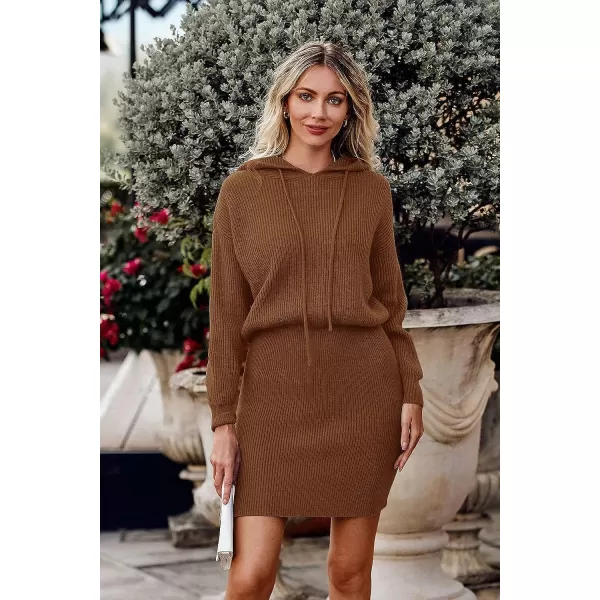 imagePRETTYGARDEN Womens Winter Rib Knit Pullover Sweater 2023 Fashion Fall Dresses Long Sleeve Hooded Bodycon DressCaramel