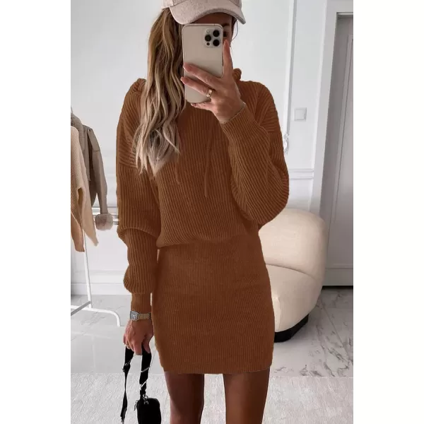 imagePRETTYGARDEN Womens Winter Rib Knit Pullover Sweater 2023 Fashion Fall Dresses Long Sleeve Hooded Bodycon DressCaramel