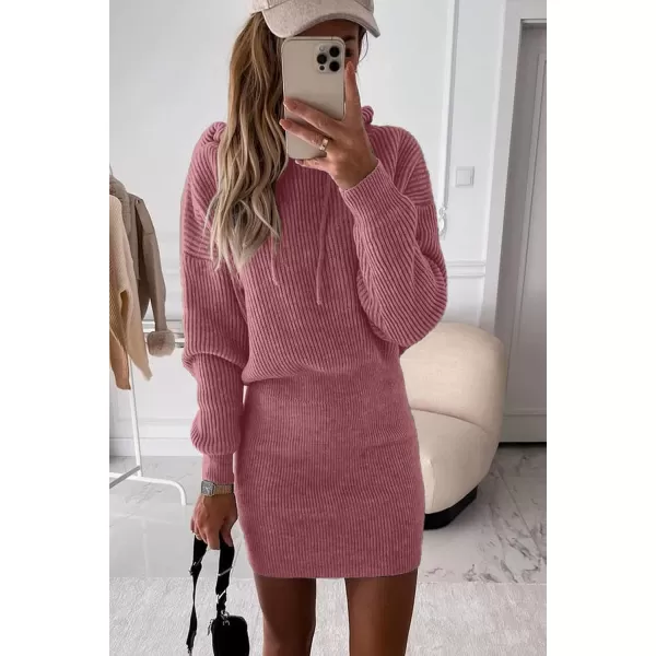 imagePRETTYGARDEN Womens Winter Rib Knit Pullover Sweater 2023 Fashion Fall Dresses Long Sleeve Hooded Bodycon DressDusty Pink