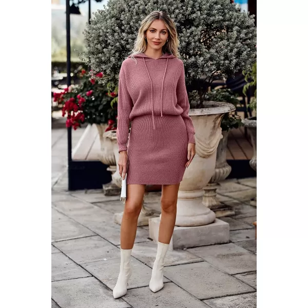 imagePRETTYGARDEN Womens Winter Rib Knit Pullover Sweater 2023 Fashion Fall Dresses Long Sleeve Hooded Bodycon DressDusty Pink