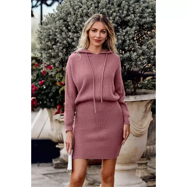 imagePRETTYGARDEN Womens Winter Rib Knit Pullover Sweater 2023 Fashion Fall Dresses Long Sleeve Hooded Bodycon DressDusty Pink