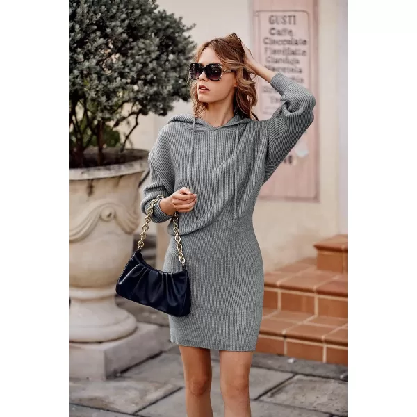 imagePRETTYGARDEN Womens Winter Rib Knit Pullover Sweater 2023 Fashion Fall Dresses Long Sleeve Hooded Bodycon DressGrey