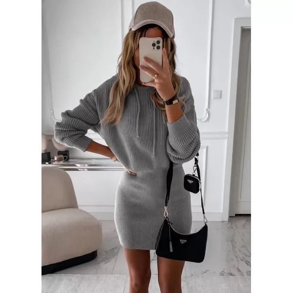 imagePRETTYGARDEN Womens Winter Rib Knit Pullover Sweater 2023 Fashion Fall Dresses Long Sleeve Hooded Bodycon DressGrey