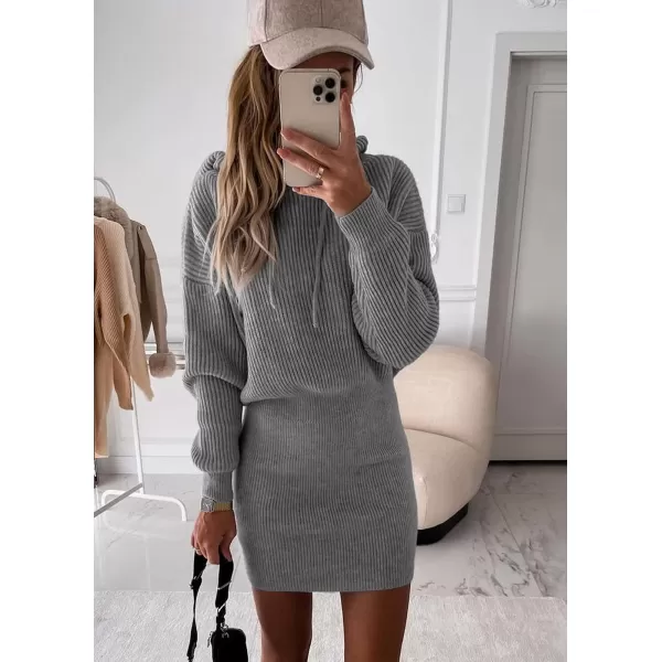 imagePRETTYGARDEN Womens Winter Rib Knit Pullover Sweater 2023 Fashion Fall Dresses Long Sleeve Hooded Bodycon DressGrey