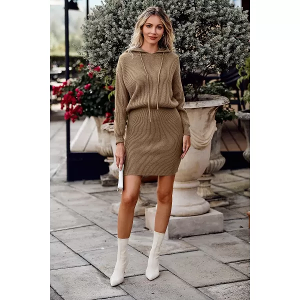 imagePRETTYGARDEN Womens Winter Rib Knit Pullover Sweater 2023 Fashion Fall Dresses Long Sleeve Hooded Bodycon DressKhaki