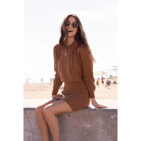 imagePRETTYGARDEN Womens Winter Rib Knit Pullover Sweater 2023 Fashion Fall Dresses Long Sleeve Hooded Bodycon DressLight Brown