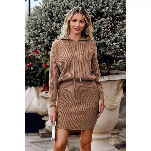 imagePRETTYGARDEN Womens Winter Rib Knit Pullover Sweater 2023 Fashion Fall Dresses Long Sleeve Hooded Bodycon DressLight Brown