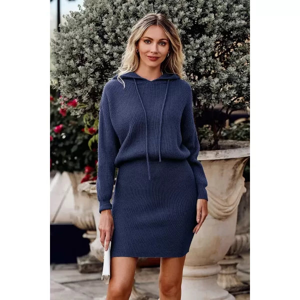 imagePRETTYGARDEN Womens Winter Rib Knit Pullover Sweater 2023 Fashion Fall Dresses Long Sleeve Hooded Bodycon DressNavy